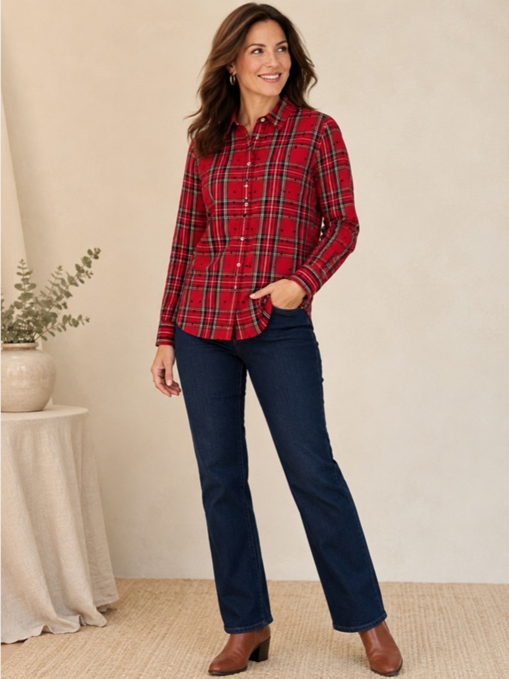 Talbots Red Tartan Plaid Button Front Shirt Velvet Polka Dot Preppy Holiday